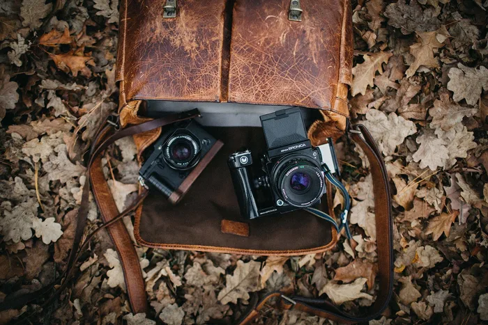 Two film cameras in a worn leather bag