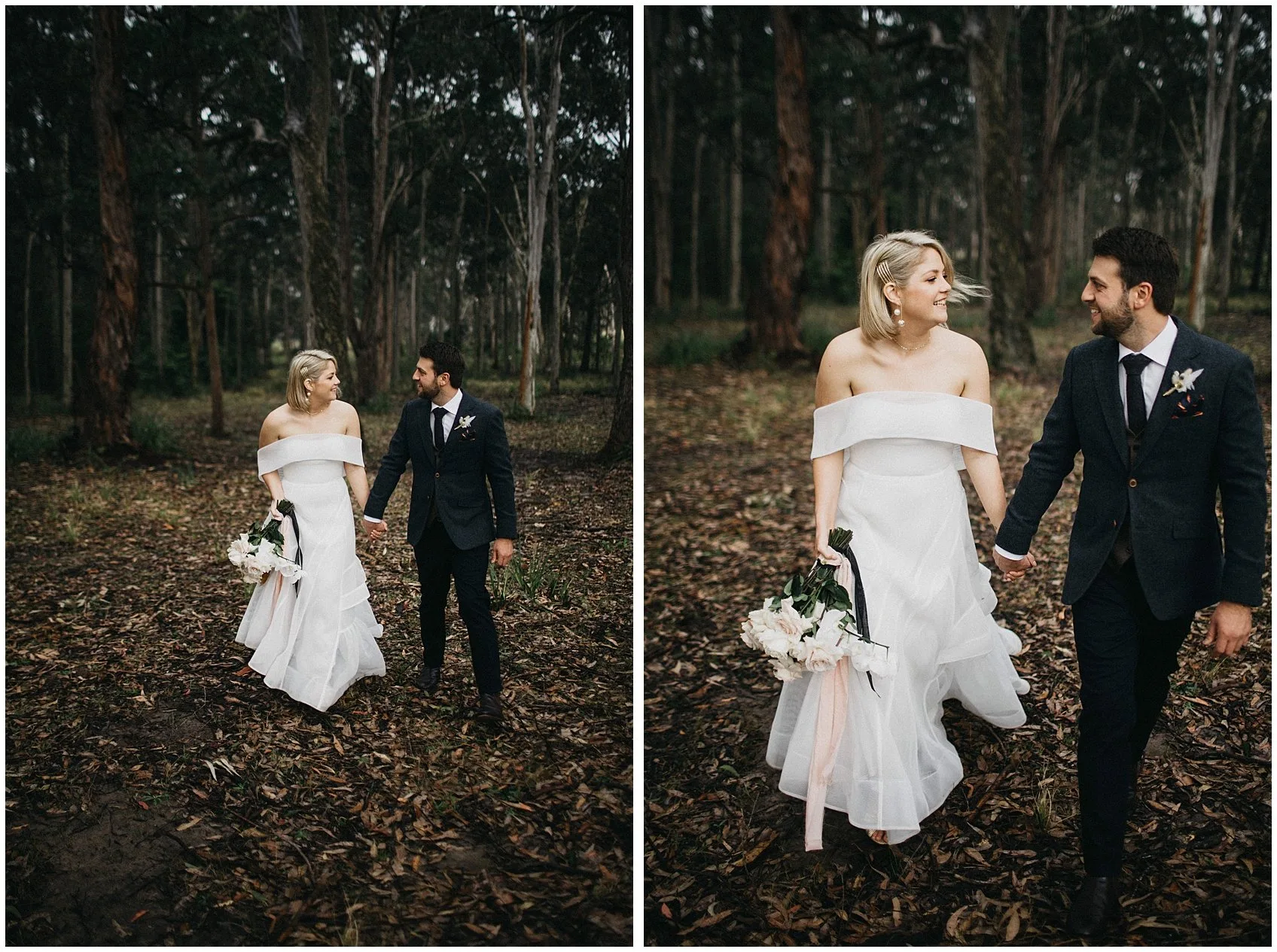 A couple walking through autumn leaves