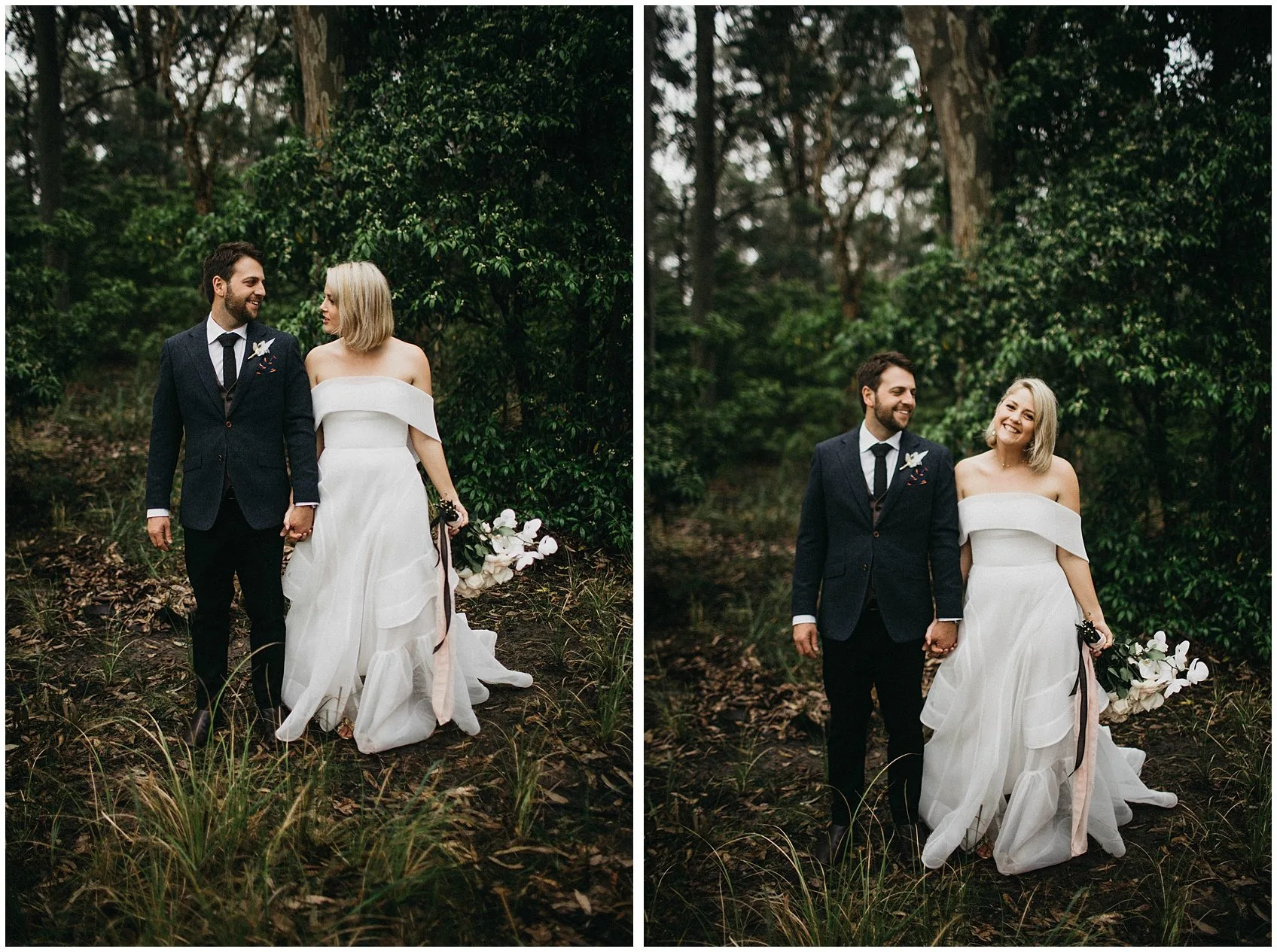 A couple among tall straight trunks in a forest
