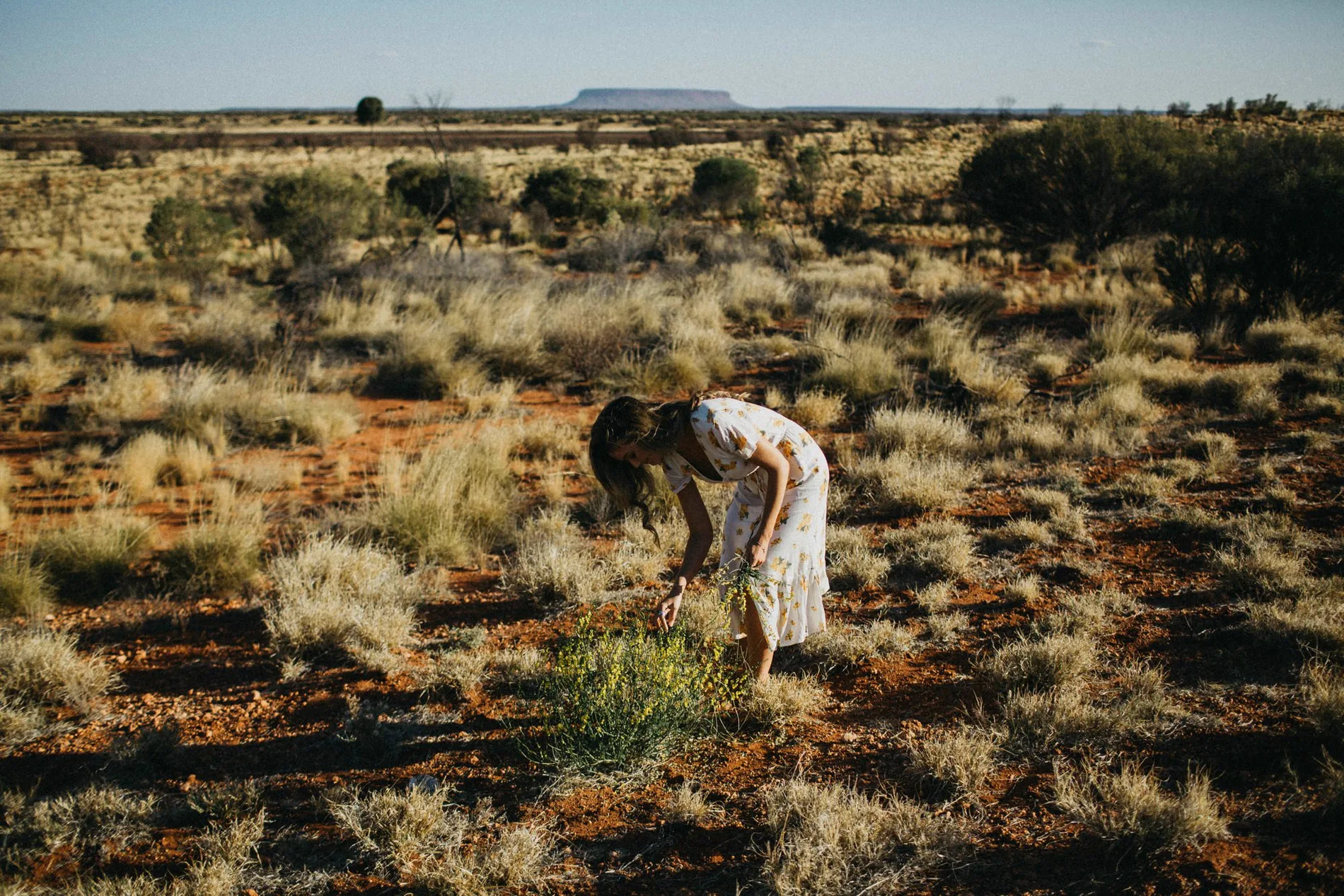 A person in a long dress crouching in red desert scrub